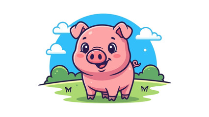 Cute Pink Piglet Smiling in a Green Meadow with Blue Sky and Clouds