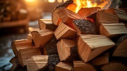 A large pile of neatly stacked firewood of varying sizes and shapes glows in the warm light of a nearby fire