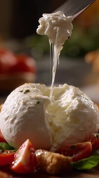 Gourmet Italian burrata cheese closeup knife slices into fresh, delicious ball, revealing an appetizing, creamy stracciatella center, perfect appetizer