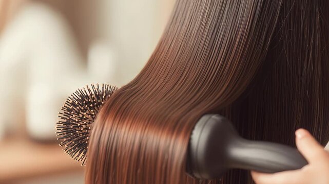 Woman with long, shiny, straight brown hair is sitting in the salon chair while her professional stylist dries it with a blow-dryer. Beautiful hairstyle. Close-up of hair styled with an electric dryer