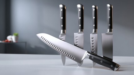 Modern minimalist kitchen knives collection in studio setting