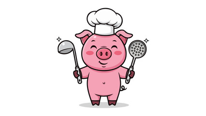 Cute Cartoon Pig Chef Character Holding Kitchen Utensils with Sparkles