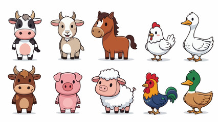 Obraz premium Cute Farm Animals Collection: Cow, Goat, Horse, Chicken, Duck, Pig, Sheep, Rooster