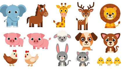 Set of Adorable Cartoon Farm and Wild Animals for Children's Content