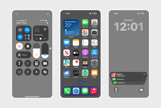 Apple iPhone search main page UI mockup featuring Siri search, home page, lock screen, Control Center, and notification screens with Apple logo in vector design, transparent background, 2026 New Year.