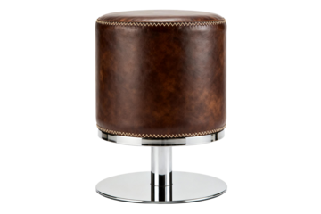 Brown Leather Round Ottoman with Chrome Base