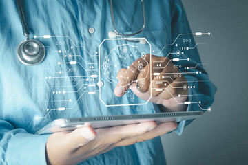 Doctor holding tablet with digital brain hologram and circuit lines, representing artificial intelligence in medicine, neurology research, mental health technology, and future healthcare innovation.