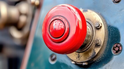 Bright red emergency stop button mounted on metallic industrial machinery detail