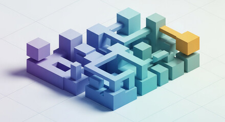 Vibrant Isometric Network of Gradient Blue Cubes with a Golden Keystone.