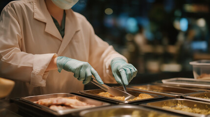 A food-safety inspector in sterile gloves checking sanitized equipment in an industrial kitchen, verifying compliance with strict health regulations — contamination control, quality assurance, and