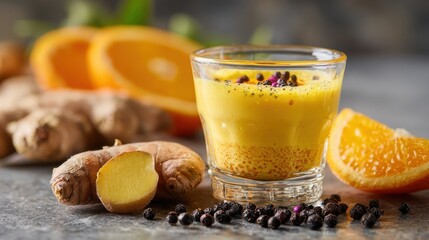 Turmeric ginger shot with orange, fresh ginger root, and black peppercorns on a grey surface