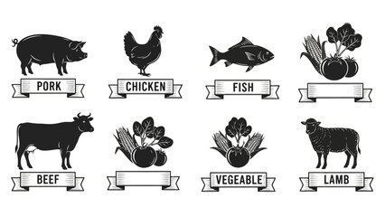 Collection of Meat and Vegetable Icons: Pork, Chicken, Beef, Fish, Lamb, and Produce © Bianca