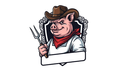 Pig Cowboy Character Holding Barbecue Fork with Red Bandana and Apron