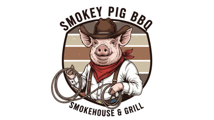 Cartoon Cowboy Pig Holding Lasso, Western BBQ Smokehouse & Grill Logo