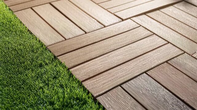 Waterproof Non Slip PVC Outdoor Flooring. Walkway tiles. Brown wood panels path on green garden grass lawn. Pavement WPC Outside Decking path. Square shaped paving. Composite floor. Durable Solutions