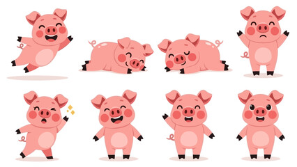 Cute Pink Pig Characters in Various Poses and Emotions