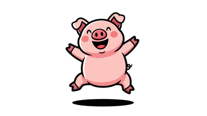 Joyful Pink Pig Cartoon Character Jumping in Air with Excitement