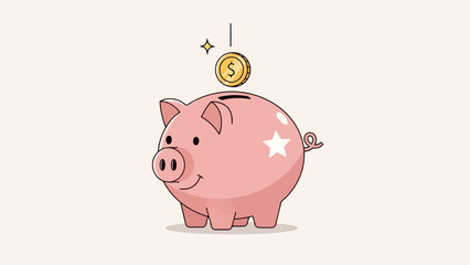 Cute Pink Piggy Bank with Dollar Coin and Sparkles, Minimalist Vector Illustration © Bianca