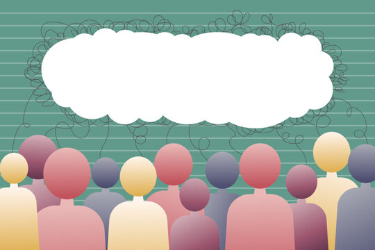 social poster, group of people searching for solution, thoughts, groupthink, team building. Space for advertising layout, sheets, web, social media, web, greeting cards background, banner, flyer.