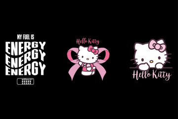 Cute Cartoon Character Illustration Set with Energy Quote Typography and Vintage Nautical Badge on Black Background