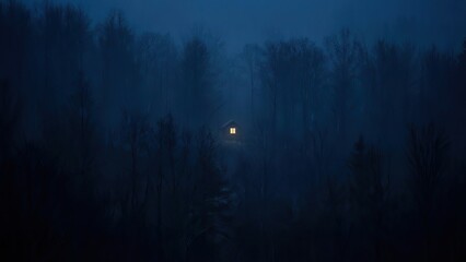Fototapeta premium Cozy cabin in a misty forest at dusk with a warm glowing light