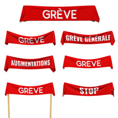 set de diff&eacute;rentes banderoles sur le th&egrave;me de la gr&egrave;ve - rendu 3D sur fond transparent