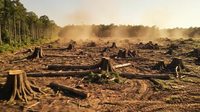 Deforestation Impact on Forests with Stumps and Dusty Landscape