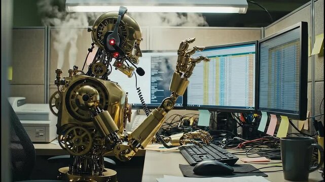 Steampunk automaton provides tech support in a small office cubicle while showing gears and smoke