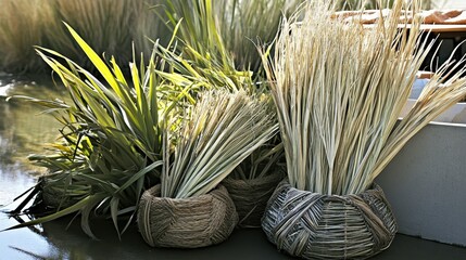 Close up of dried grass bundles woven in handcrafted baskets