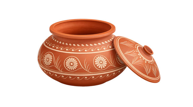 Terracotta Pot Matka PNG
Round terracotta earthen pot (matka) with slightly open lid and white floral/dot decorations on transparent background.

