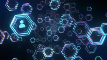 Abstract glowing neon hexagons with user icons forming a vibrant digital network connection background loop. Modern technology and social media concept. - Powered by Adobe