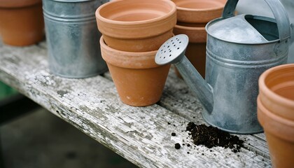Terracotta Pots and Galvanized Watering Cans on Weathered Bench
