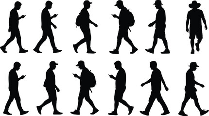 Fototapeta premium Twelve black silhouettes of men walking using smartphones outdoors