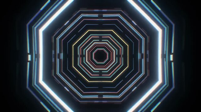 Abstract geometric neon tunnel loop animation with glowing colorful octagons creating a mesmerizing futuristic portal effect perfect for modern backgrounds and VJ visuals