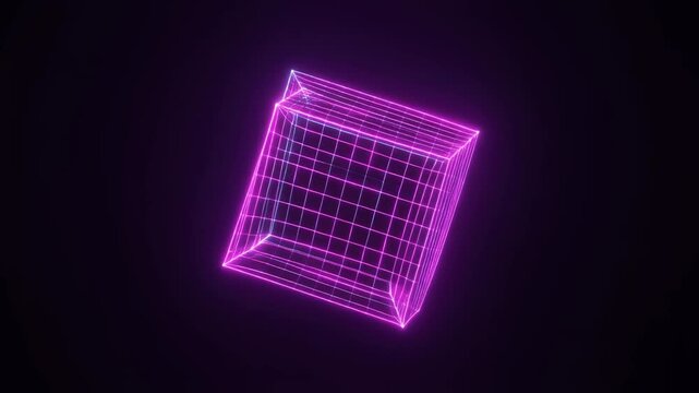 Abstract rotating neon wireframe cube glowing with vibrant pink and blue light on a dark background a seamless looping futuristic digital technology animation