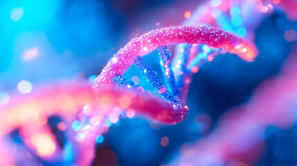 DNA helix with glowing blue strands and digital network nodes representing genetic science and biotechnology