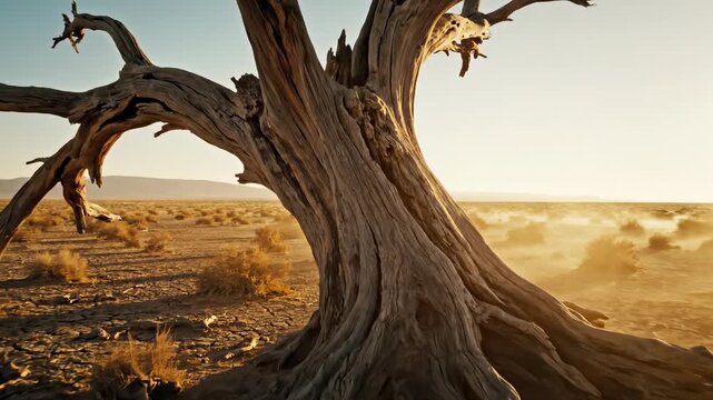 Dramatic slow motion shot of a single gnarly leafless tree trunk standing alone in a vast arid plain swaying slightly in the warm wind environmental, brown, gnarly