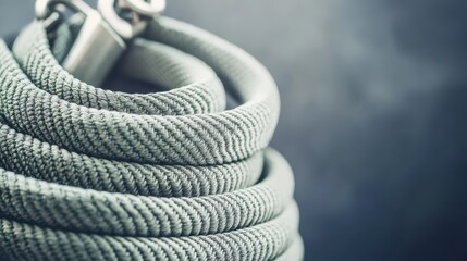 Close up of a coiled grey rescue webbing sling made of durable material with a metal attachment ring
