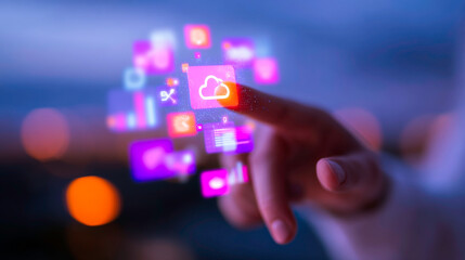 Futuristic image hand touching floating transparent icons representing cloud data storage and management