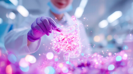 Futuristic medical visualization human digestive system hologram with interactive data labels