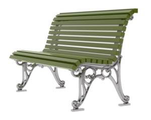 Blue park bench sitting area with silver support frame high resolution transparent png photo