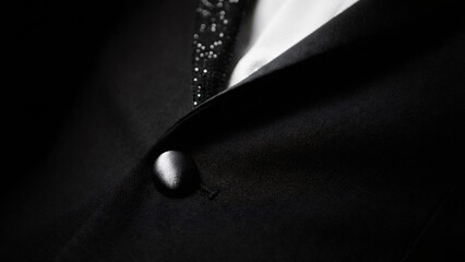 Close-up of elegant black tuxedo jacket with textured glitter lapel. Formal menswear suit detail with button and white shirt