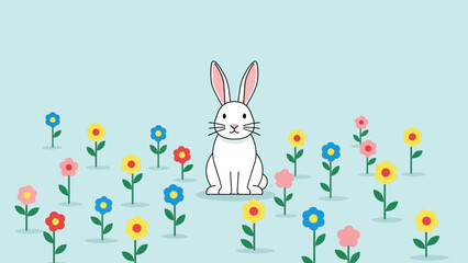 Obraz premium A serene white rabbit sits peacefully amidst a vibrant meadow of simple, colorful blooming flowers, embodying spring's gentle joy and natural harmony