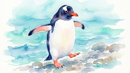 Fototapeta premium Watercolor illustration of a cute penguin walking on a rocky beach. Hand painted art of an Antarctic bird near the sea