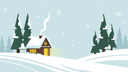 Fototapeta premium A picturesque winter landscape with a charming snow-covered cabin, surrounded by festive pine trees and gentle falling snow, evoking a sense of tranquil holiday coziness