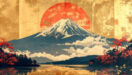 Ilustraci&oacute;n del monte Fuji y el amanecer sobre fondo dorado para A&ntilde;o Nuevo