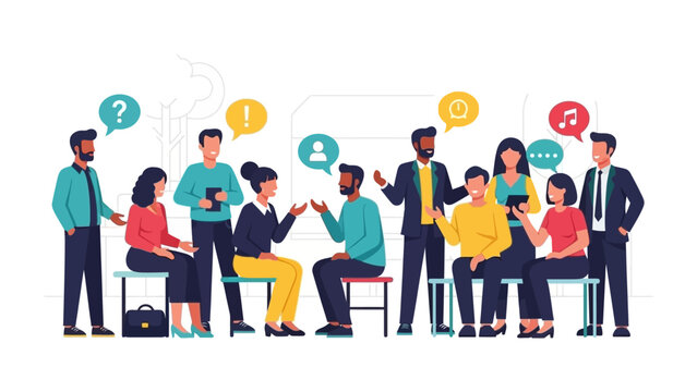Diverse group of people actively engaged in a lively discussion and collaborative communication, fostering teamwork and idea exchange in a professional setting