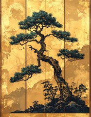 Ilustraci&oacute;n de pino japon&eacute;s sobre fondo dorado para A&ntilde;o Nuevo