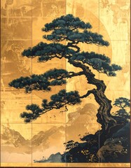 Pin japonais traditionnel illustr&eacute; sur fond dor&eacute;