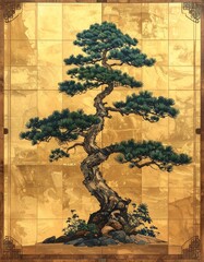 お正月向け 金背景に描かれた和風の松のイラスト